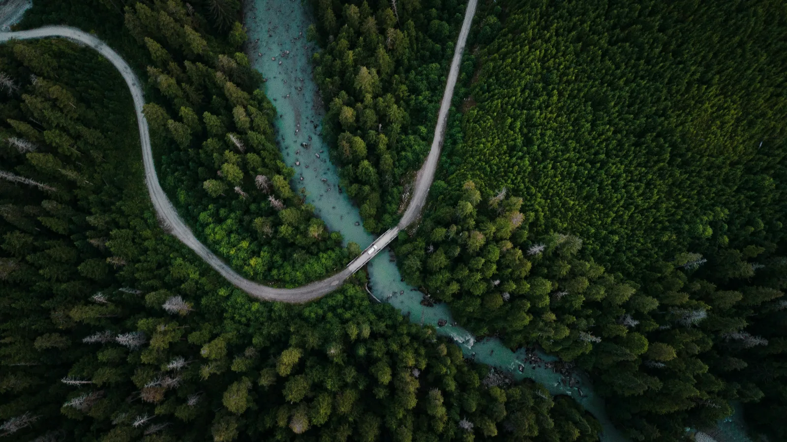 A river, forest and bridge near Kitimat, Canada